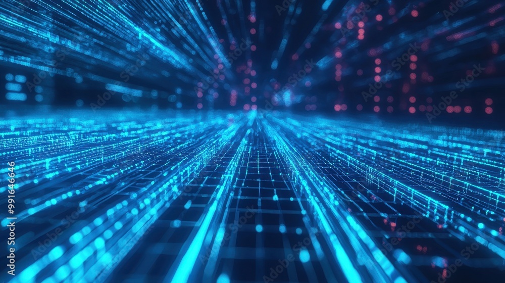 Dynamic blue holographic light beams flowing across a modern technology grid, creating a futuristic and digital sense of innovation. Dynamic blue holographic light beams flowing across a modern technology grid, creating a futuristic and digital sense of innovation.
