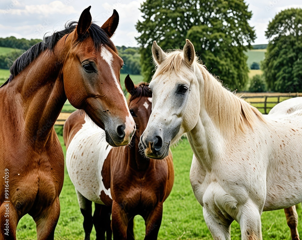 Fototapeta premium Two horses, one brown and the other white