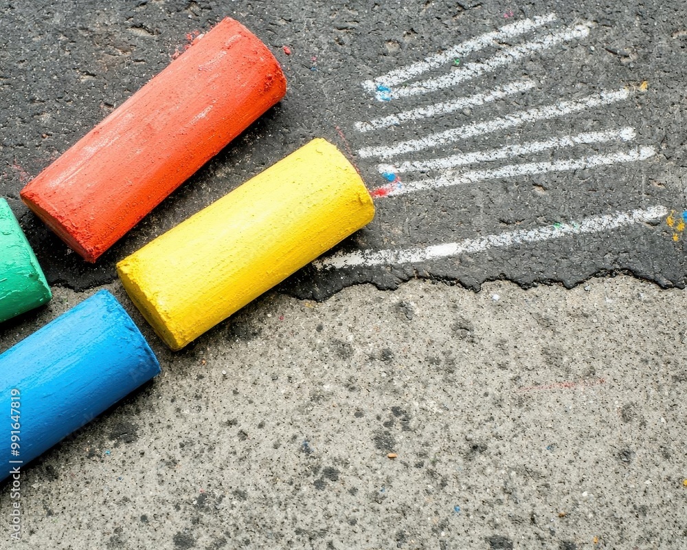 Faded chalk drawings on a worn sidewalk, faded chalk, urban childhood Faded chalk drawings on a worn sidewalk, faded chalk, urban childhood