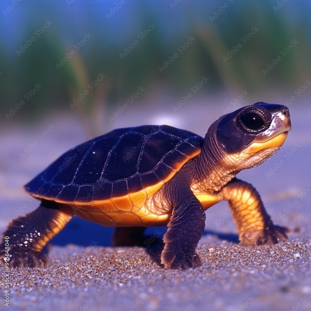 Obraz premium A young sea turtle makes its way across golden sand under warm sunlight