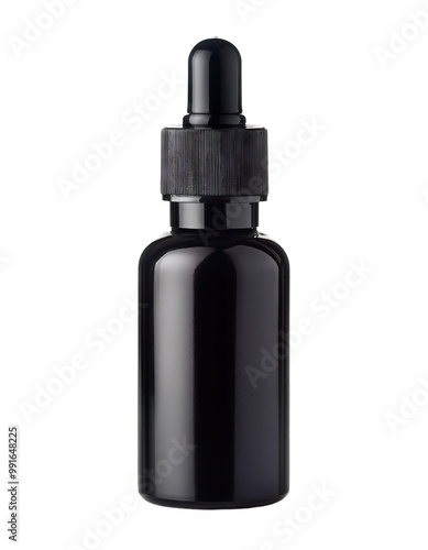 Black dropper bottle on white background.