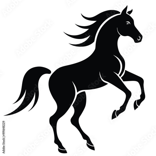 a black silhouette of a horse rearing up on its hind legs. The horse appears to be in mid-stride, with its front legs stretched out and its head turned to the side 