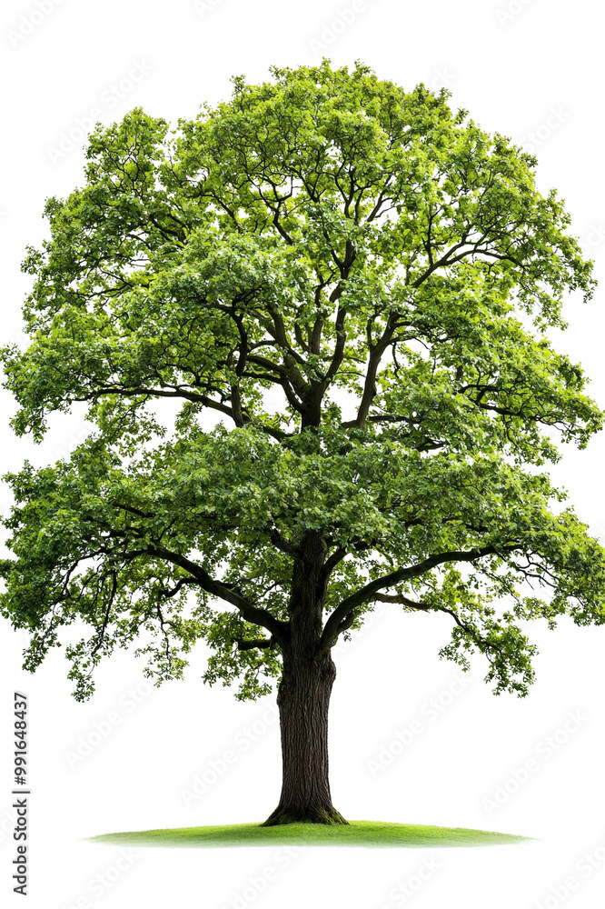 A tall oak tree with lush green leaves, isolated on a white background, showing detailed bark and vibrant foliage A tall oak tree with lush green leaves, isolated on a white background, showing detailed bark and vibrant foliage