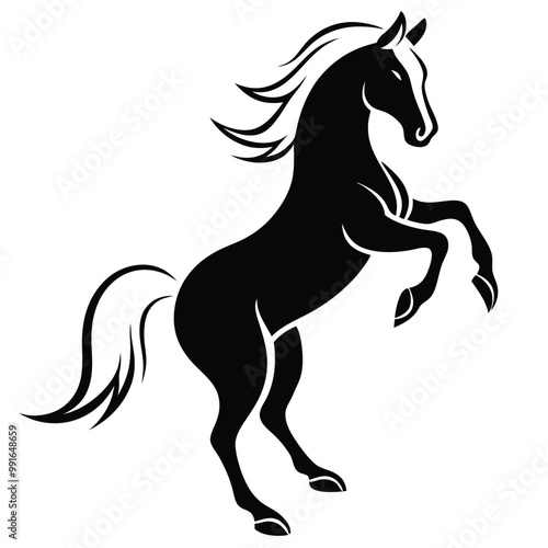 a black silhouette of a horse rearing up on its hind legs. The horse appears to be in mid-stride, with its front legs stretched out and its head turned to the side 