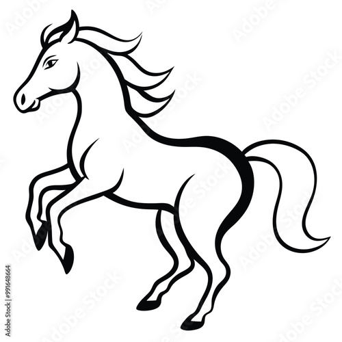 a black silhouette of a horse rearing up on its hind legs. The horse appears to be in mid-stride, with its front legs stretched out and its head turned to the side 