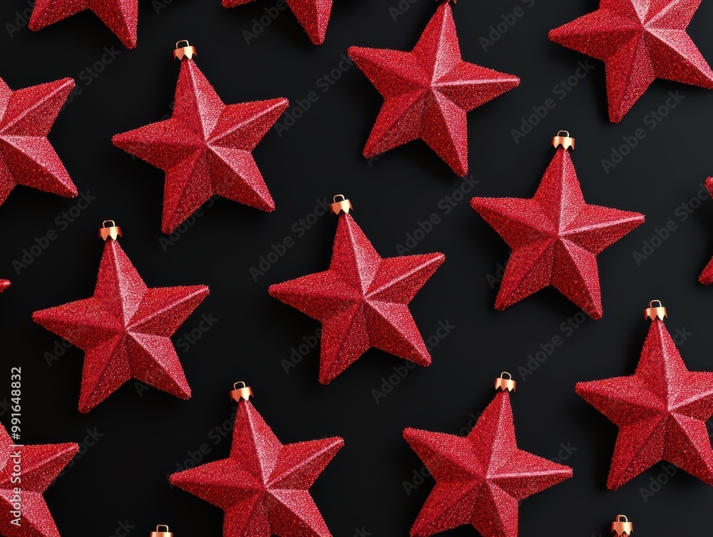 Red glitter star-shaped Christmas ornaments arranged on a black background in a festive pattern, perfect for holiday decor. Red glitter star-shaped Christmas ornaments arranged on a black background in a festive pattern, perfect for holiday decor.