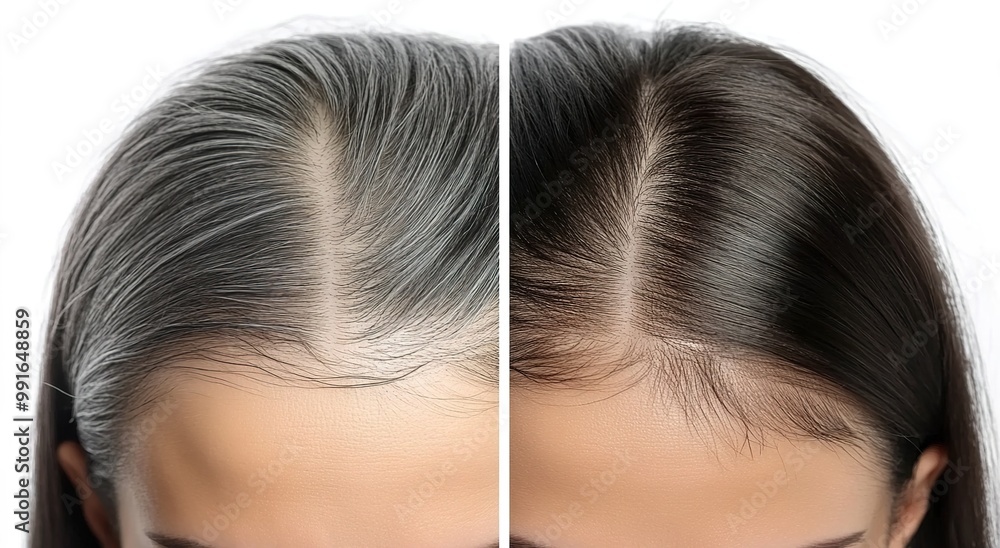 Obraz premium Young woman with gray hair before and after coloring treatment 