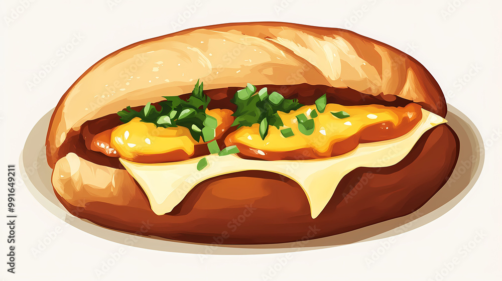 A delicious croissant sandwich filled with melted cheese and herbs A delicious croissant sandwich filled with melted cheese and herbs