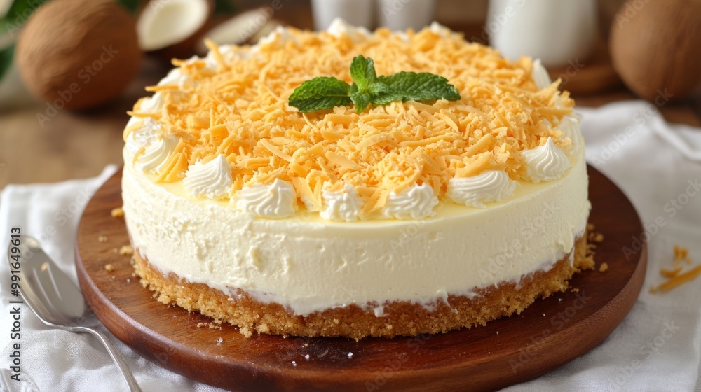 Close-up of a delicious white cheesecake with a golden topping on a wooden board. Close-up of a delicious white cheesecake with a golden topping on a wooden board.