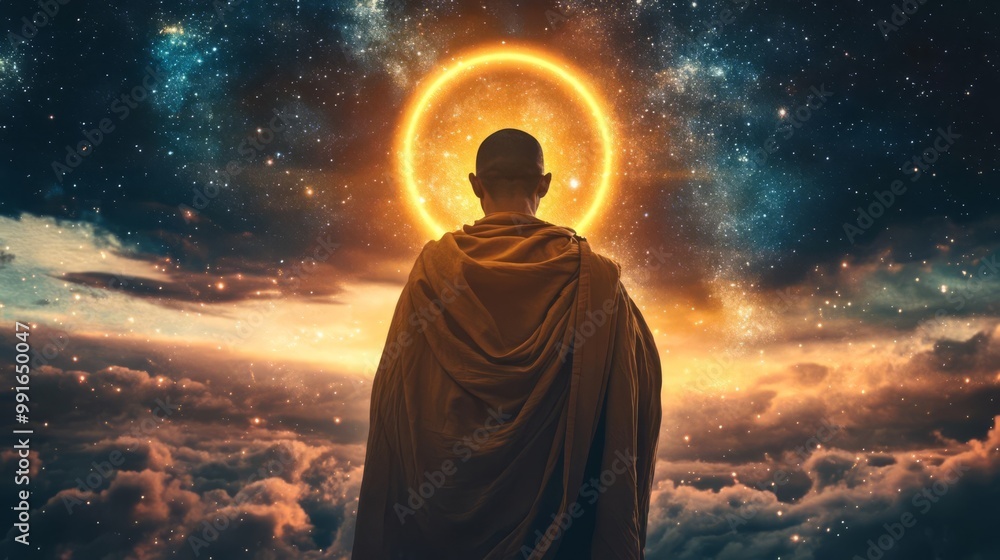 A serene monk meditating under a cosmic sky, radiating tranquility and enlightenment amidst vibrant celestial elements.