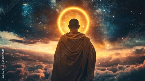 A serene monk meditating under a cosmic sky, radiating tranquility and enlightenment amidst vibrant celestial elements.