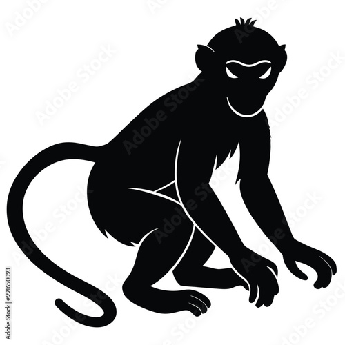 a black silhouette of a monkey. The monkey is sitting on its hind legs with its front paws on the ground and its tail curled around its body