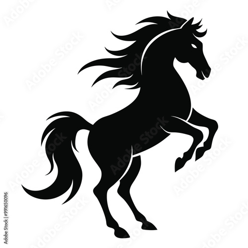 a black silhouette of a horse rearing up on its hind legs. The horse appears to be in mid-stride, with its front legs stretched out and its head turned to the side 