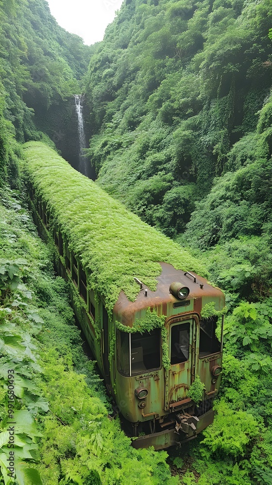 Fototapeta premium Train, Locomotive, Old Rusty, Abandoned in the Forest, Overgrown, Abstract Image, Texture, Pattern Background, Wallpaper, Cover and Screen of Smartphone, PC, Laptop, 9:16 and 16:9 Format
