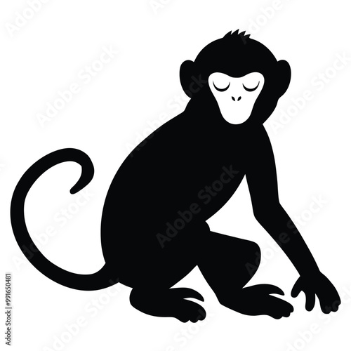 a black silhouette of a monkey. The monkey is sitting on its hind legs with its front paws on the ground and its tail curled around its body