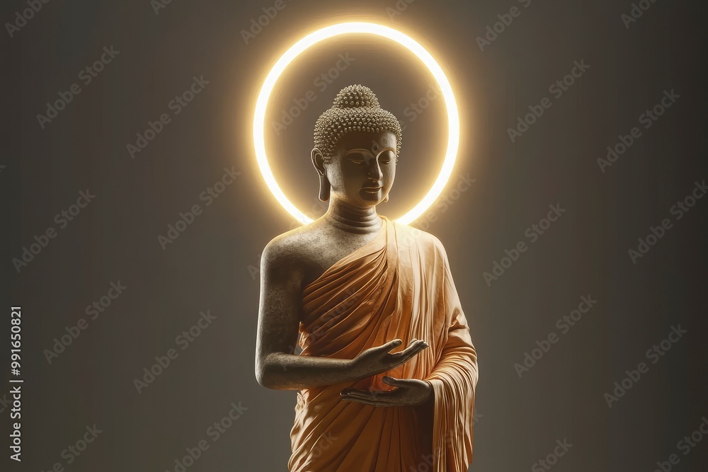 Buddha with halo, full body, digital art style, standing pose, hand on the stomach, wearing light orange cloth and a golden necklace around the neck,geneative ai Buddha with halo, full body, digital art style, standing pose, hand on the stomach, wearing light orange cloth and a golden necklace around the neck,geneative ai