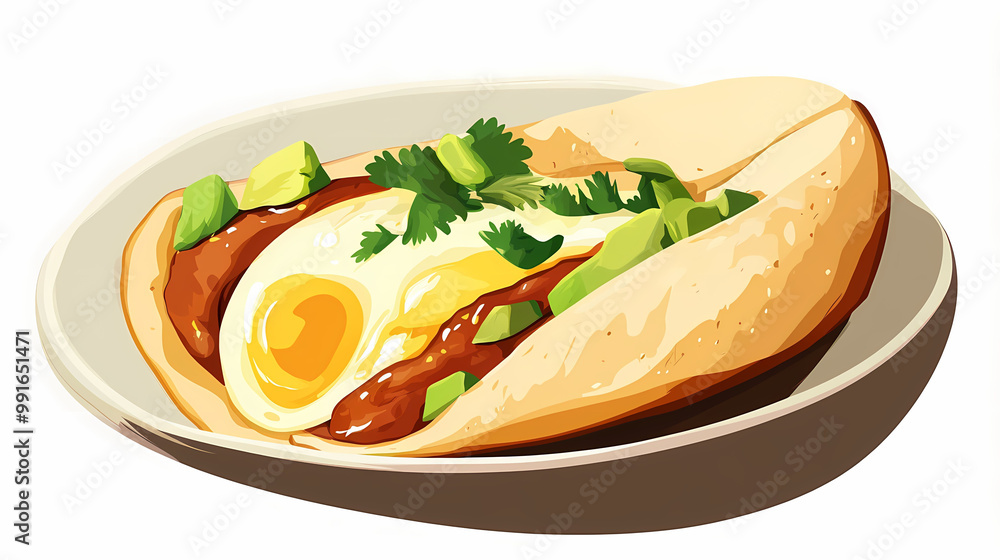 A delicious breakfast wrap featuring sunny side up egg, fresh herbs, and savory sauce A delicious breakfast wrap featuring sunny side up egg, fresh herbs, and savory sauce