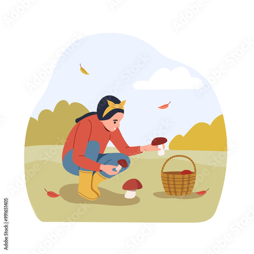 Young woman collects mushrooms in the forest. Vector flat style cartoon  illustration