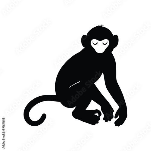 a black silhouette of a monkey. The monkey is sitting on its hind legs with its front paws on the ground and its tail curled around its body