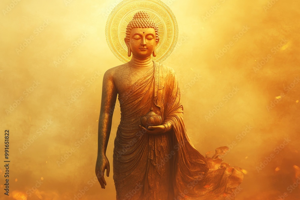 Naklejka premium Buddha with halo, full body in an elegant pose, digital art style, light background, golden aura glow behind the Buddha, light beige and orange colors, soft lighting, high resolution, geneative ai