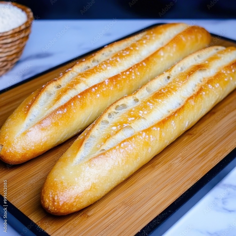 Freshly baked artisan baguettes resting elegantly on a wooden platter in a rustic kitchen Freshly baked artisan baguettes resting elegantly on a wooden platter in a rustic kitchen