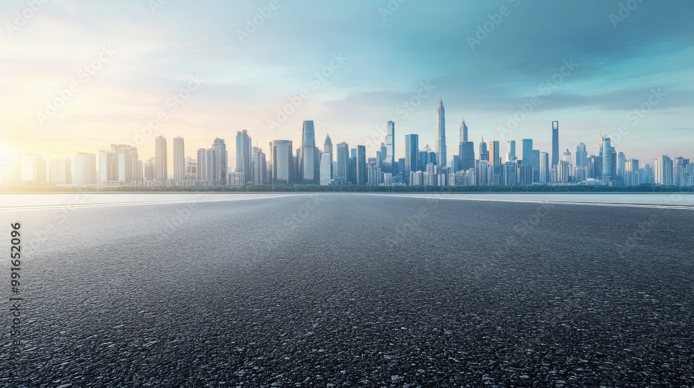 A stunning panoramic view of an empty asphalt road leading towards a city skyline, designed for car advertising or promotional content, captures the essence of urban life and the open road A stunning panoramic view of an empty asphalt road leading towards a city skyline, designed for car advertising or promotional content, captures the essence of urban life and the open road