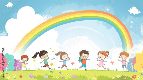 A team of children crossing a finish line in a race where their business ideas propel them forward, with a rainbow arching overhead to symbolize their success