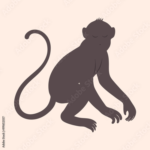 a black silhouette of a monkey. The monkey is sitting on its hind legs with its front paws on the ground and its tail curled around its body