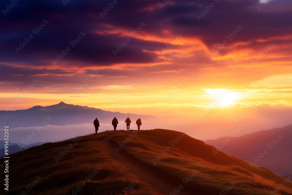 Pilgrims walking along a scenic mountain path at sunrise, symbolizing a spiritual journey toward inner peace. Pilgrims walking along a scenic mountain path at sunrise, symbolizing a spiritual journey toward inner peace.