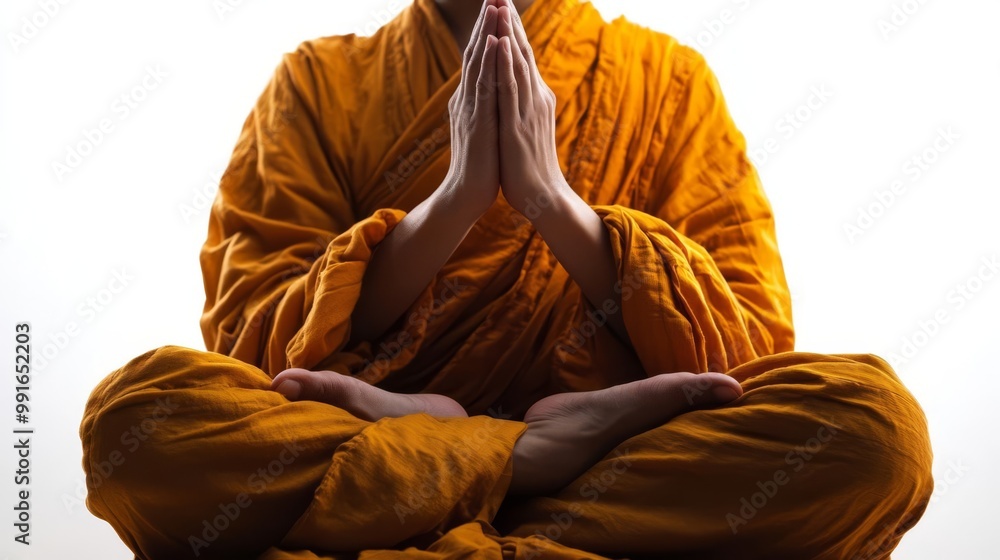 A serene monk in traditional attire meditating with clasped hands, symbolizing peace and mindfulness in a tranquil setting. A serene monk in traditional attire meditating with clasped hands, symbolizing peace and mindfulness in a tranquil setting.
