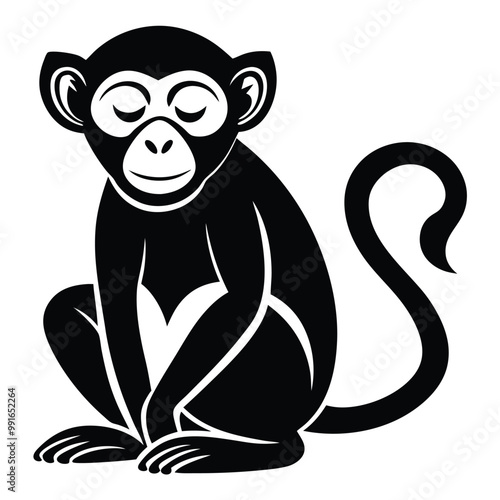 a black silhouette of a monkey. The monkey is sitting on its hind legs with its front paws on the ground and its tail curled around its body