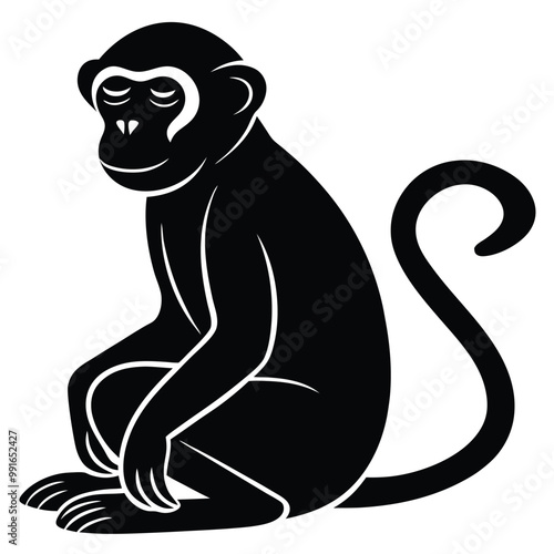 a black silhouette of a monkey. The monkey is sitting on its hind legs with its front paws on the ground and its tail curled around its body