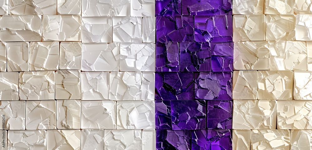 Simple crystal brick wall with one side in royal purple and the other in cream, elegant flat lay texture. Simple crystal brick wall with one side in royal purple and the other in cream, elegant flat lay texture.
