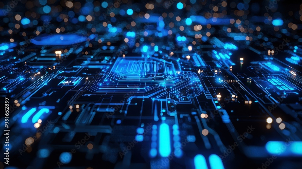 Flowing holographic beams of blue light amidst digital circuitry, capturing the feel of a futuristic and tech-driven environment. Flowing holographic beams of blue light amidst digital circuitry, capturing the feel of a futuristic and tech-driven environment.