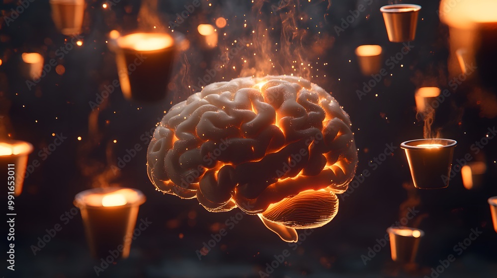© Instrudify - A brain surrounded by floating glowing coffee cups, each one pouring caffeine directly into its core. © Instrudify - A brain surrounded by floating glowing coffee cups, each one pouring caffeine directly into its core.