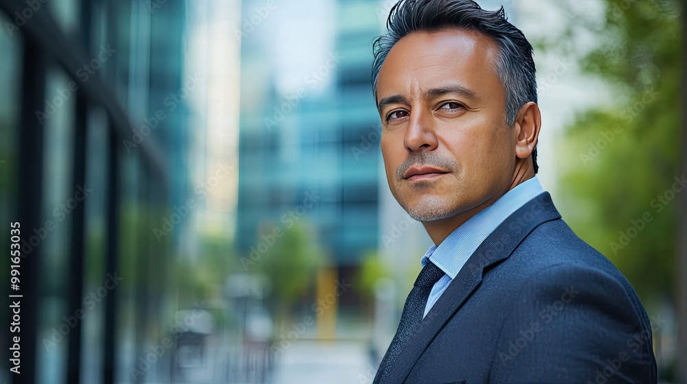 Portrait of a Latino man in his mid-50s wearing a suit, standing outside with a corporate business center softly blurred behind him, capturing his seasoned, professional presence. Portrait of a Latino man in his mid-50s wearing a suit, standing outside with a corporate business center softly blurred behind him, capturing his seasoned, professional presence.