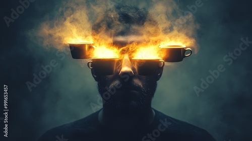 A figure whose eyes are glowing coffee cups, with steam rising from their head as they stare ahead in a daze.