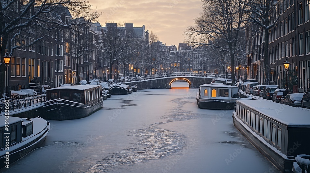 Obraz premium The canals of Amsterdam are partially frozen, with charming houseboats and bridges dusted in snow. Warm light glows from the windows of nearby buildings, creating a peaceful, cozy winter evening in th