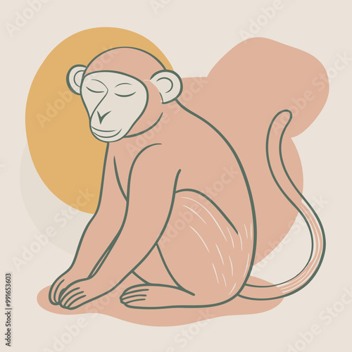 a black silhouette of a monkey. The monkey is sitting on its hind legs with its front paws on the ground and its tail curled around its body