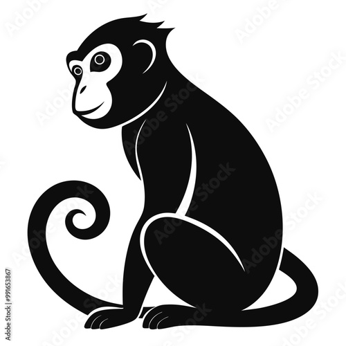 a black silhouette of a monkey. The monkey is sitting on its hind legs with its front paws on the ground and its tail curled around its body