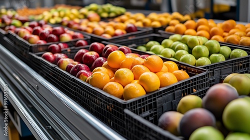 Conveyor Belt Flow: Fresh Fruit Crates Ready for Processing – Perfect for Social Media Backgrounds