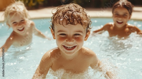 Joyful Children Splashing in Sunny Pool