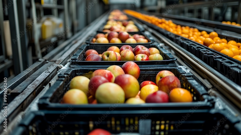 Fruit Stacking in Progress: Neatly Organized Crates by Conveyor Belts – Ideal for Backgrounds and Banners Fruit Stacking in Progress: Neatly Organized Crates by Conveyor Belts – Ideal for Backgrounds and Banners