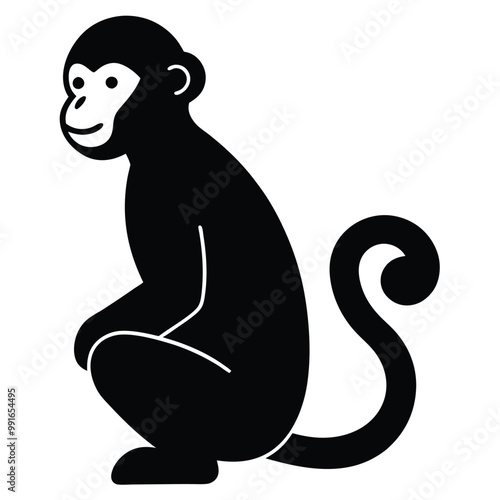 a black silhouette of a monkey. The monkey is sitting on its hind legs with its front paws on the ground and its tail curled around its body
