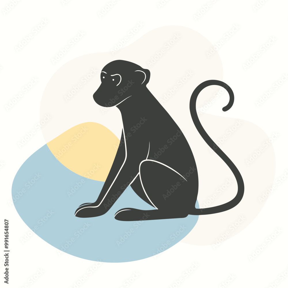 Fototapeta premium a black silhouette of a monkey. The monkey is sitting on its hind legs with its front paws on the ground and its tail curled around its body