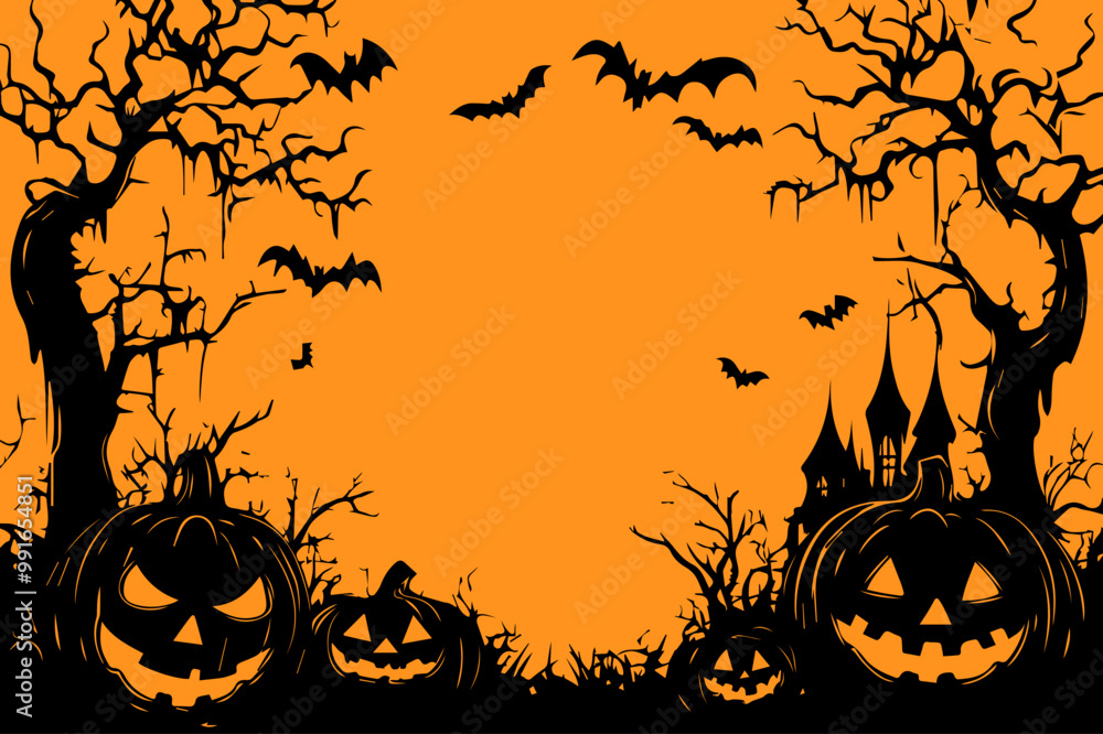 Stylized vector illustration of a Halloween scene with pumpkins, bats, and a castle. Stylized vector illustration of a Halloween scene with pumpkins, bats, and a castle.