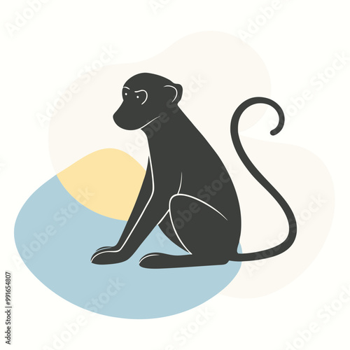 a black silhouette of a monkey. The monkey is sitting on its hind legs with its front paws on the ground and its tail curled around its body