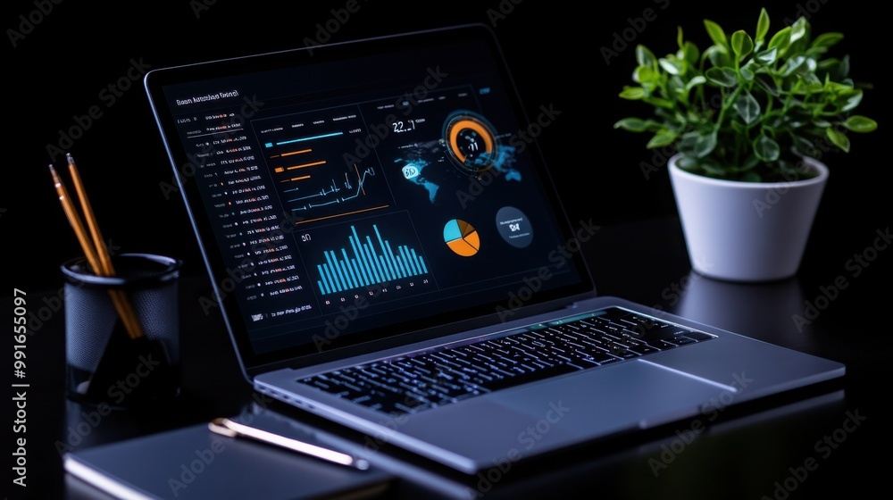 Data-Driven Insights: A sleek laptop displays a vibrant dashboard with data visualizations, a testament to the power of analytics in modern business. The image evokes a sense of clarity, focus. Data-Driven Insights: A sleek laptop displays a vibrant dashboard with data visualizations, a testament to the power of analytics in modern business. The image evokes a sense of clarity, focus.