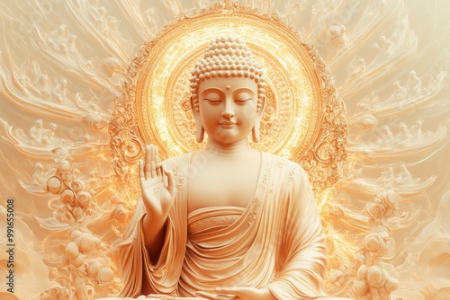 Buddha with halo, full body in an elegant pose, digital art style, light background, golden aura glow behind the Buddha, light beige and orange colors, soft lighting, high resolution, geneative ai