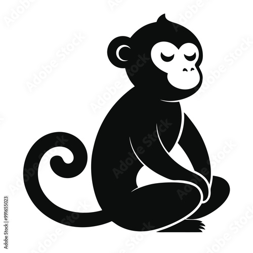 a black silhouette of a monkey. The monkey is sitting on its hind legs with its front paws on the ground and its tail curled around its body